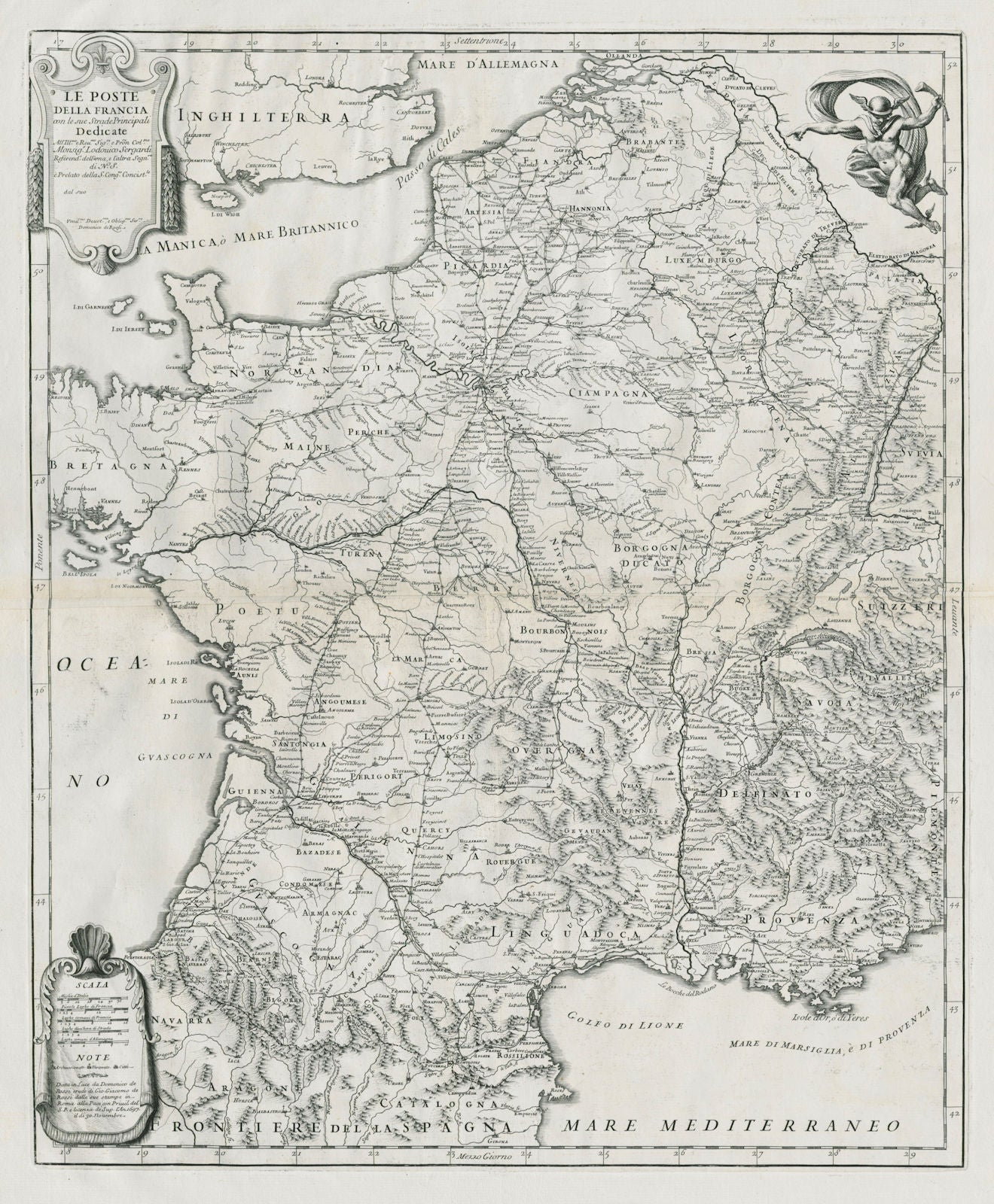 Le Poste della Francia. The post roads of France. DE ROSSI / SANSON 1697 map